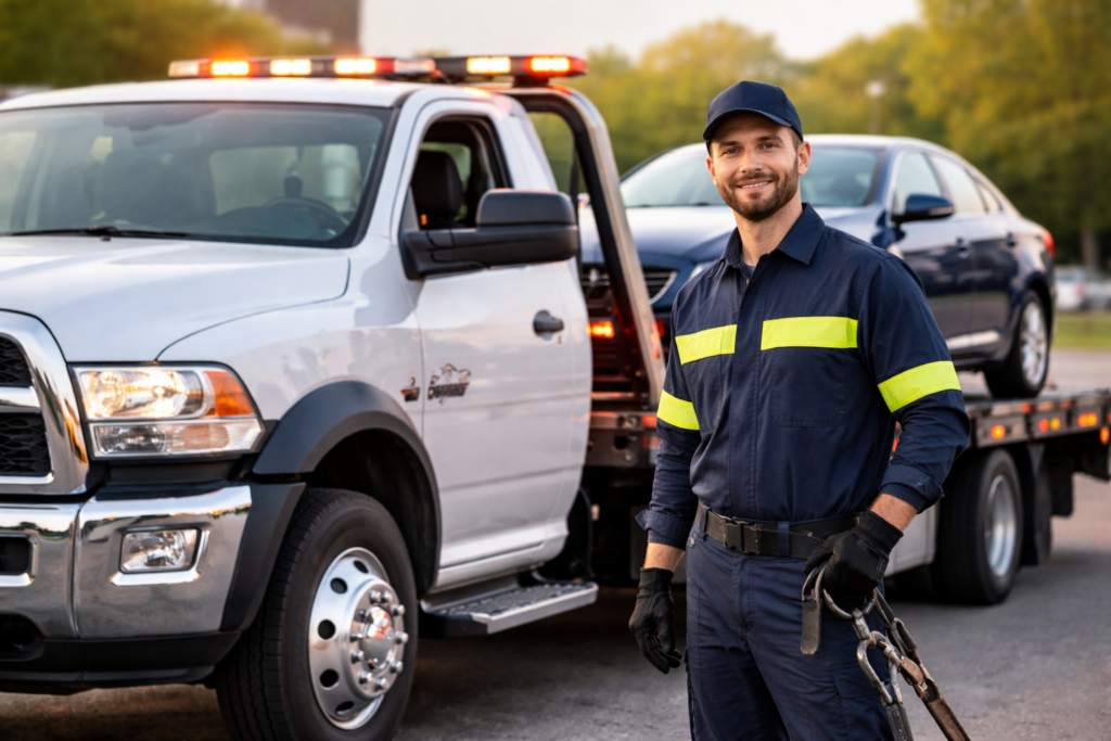 An image of a man standing in front of a tow truck providing towing services in O'fallon