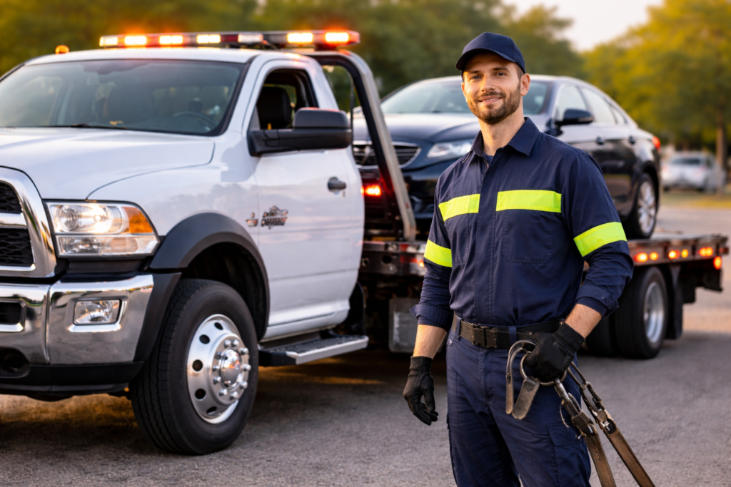 A man standing in front of a tow truck providing towing service in St. Peters
