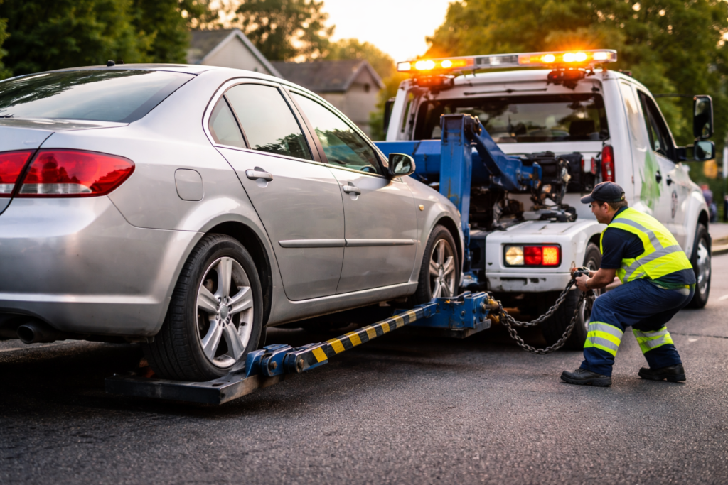 An image of a tow truck driver hooking up a car providing towing service in Lake St. Louis