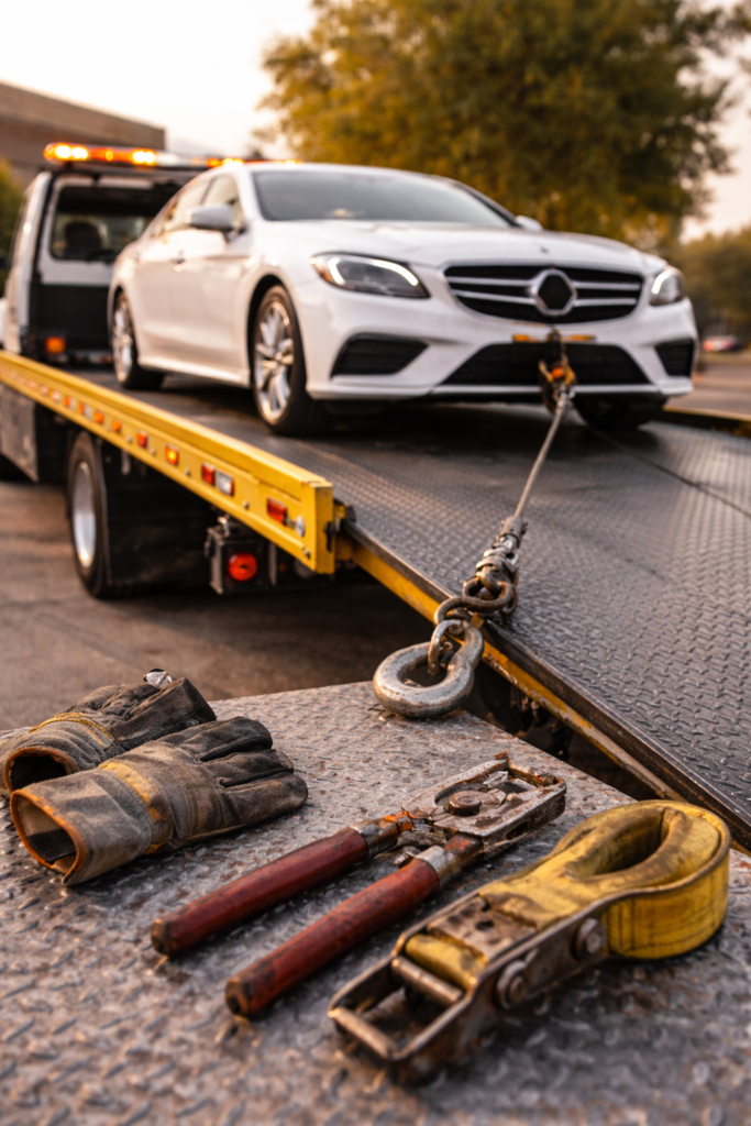 A car on a tow truck representing a towing service in Ballwin