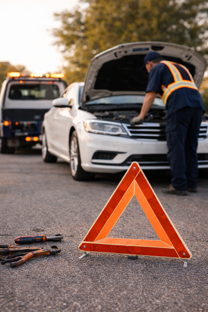 An image of a tow truck driving looking under a hood providing a towing service in Clayton, MO.