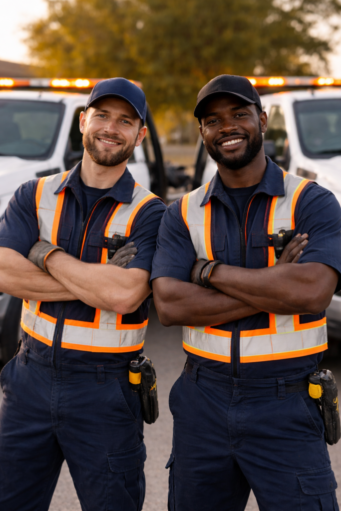 An image of two men providing a towing service in Kirkwood, MO.