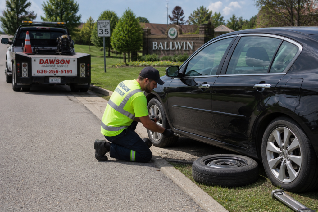 a man providing flat tire services in Ballwin.