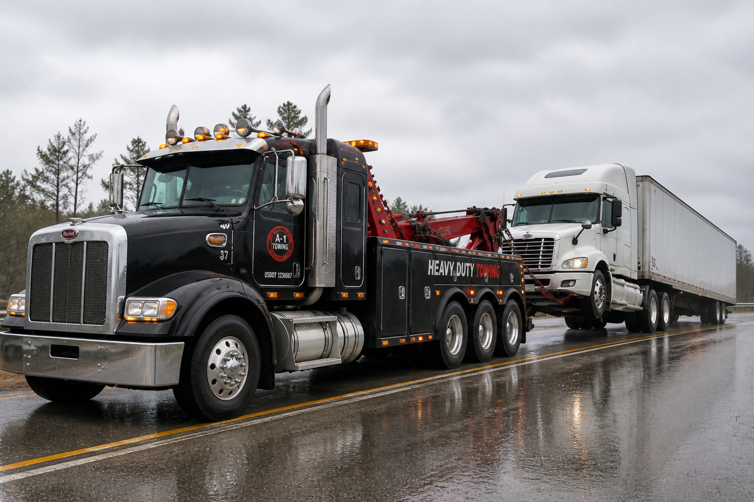 A tow truck driver performing heavy duty towing in St. Charles.