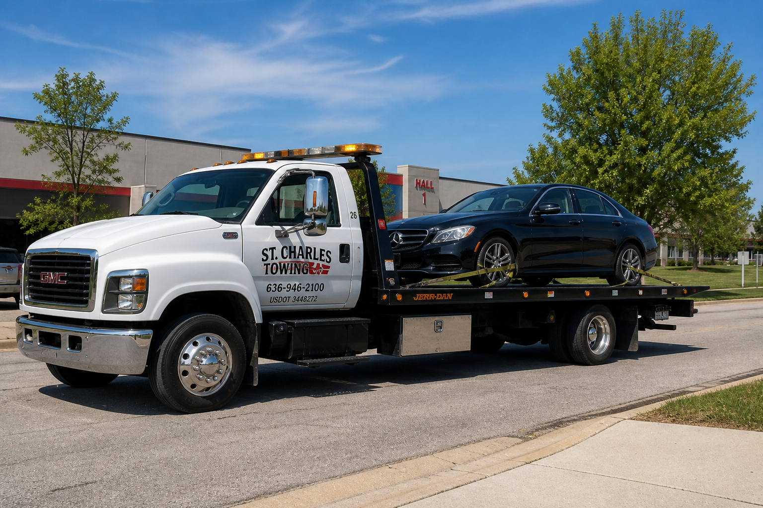 A tow truck driver performing flat-bed towing in St. Charles