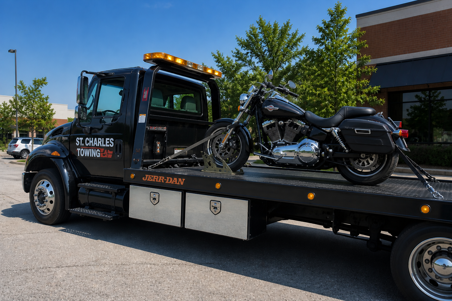 A driver performing Flatbed towing service in St. Charles