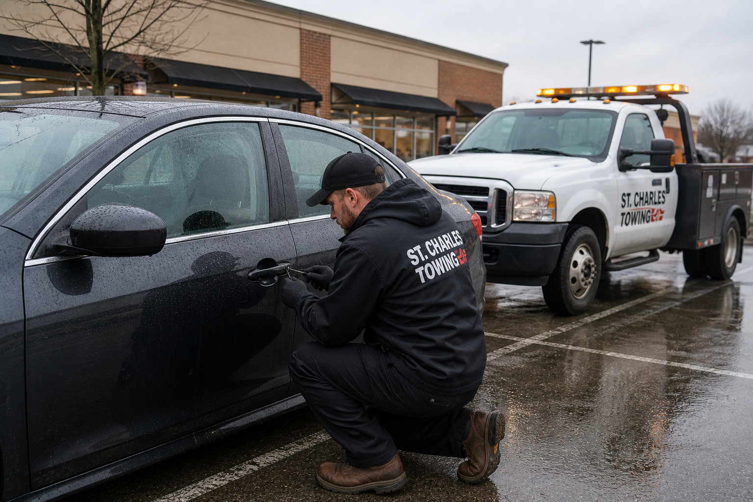 A driver performing a lockout service in St. Charles