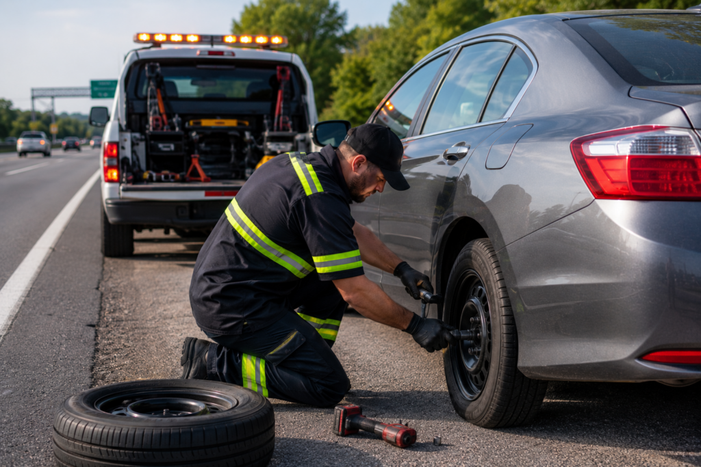 An operator performing a flat tire service in Wentzville.