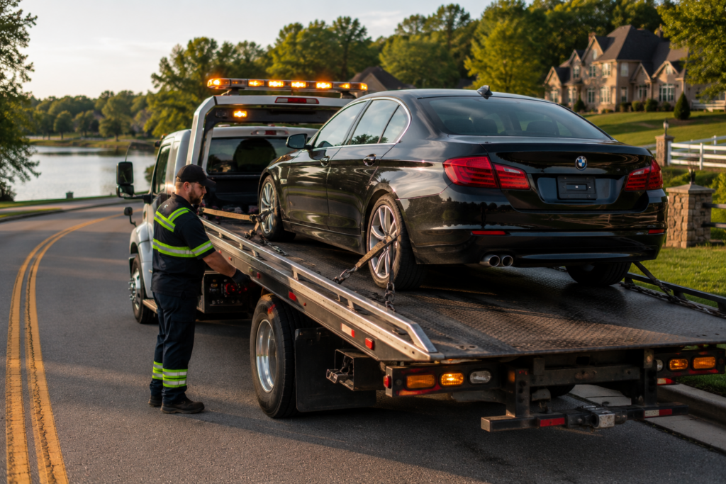 A man performing a flatbed towing service in Lake St. Louis.