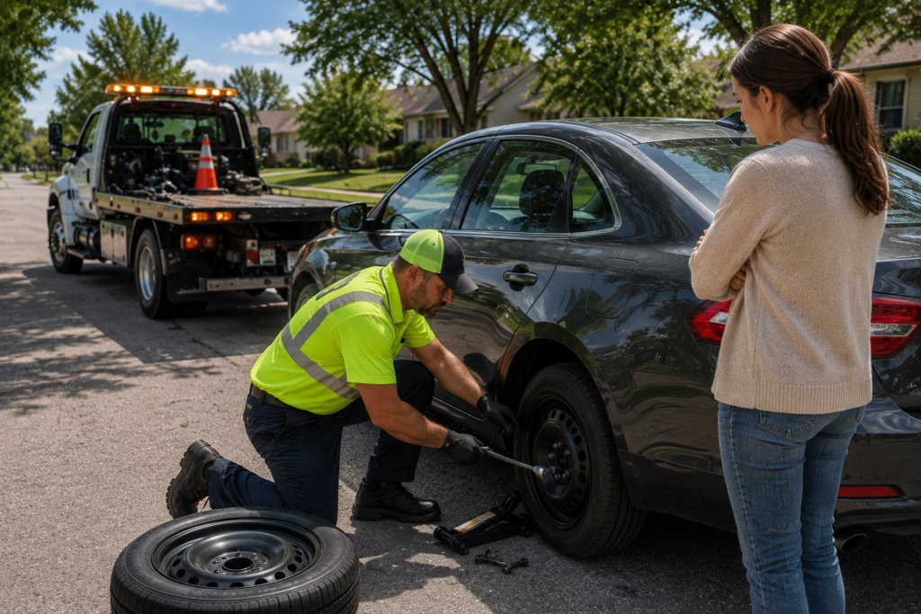 A man performing a flat tire service in Lake St. Louis.