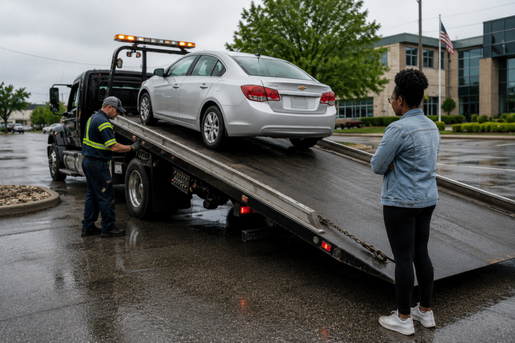 A woman waiting for her flatbed towing service in Bridgeton.