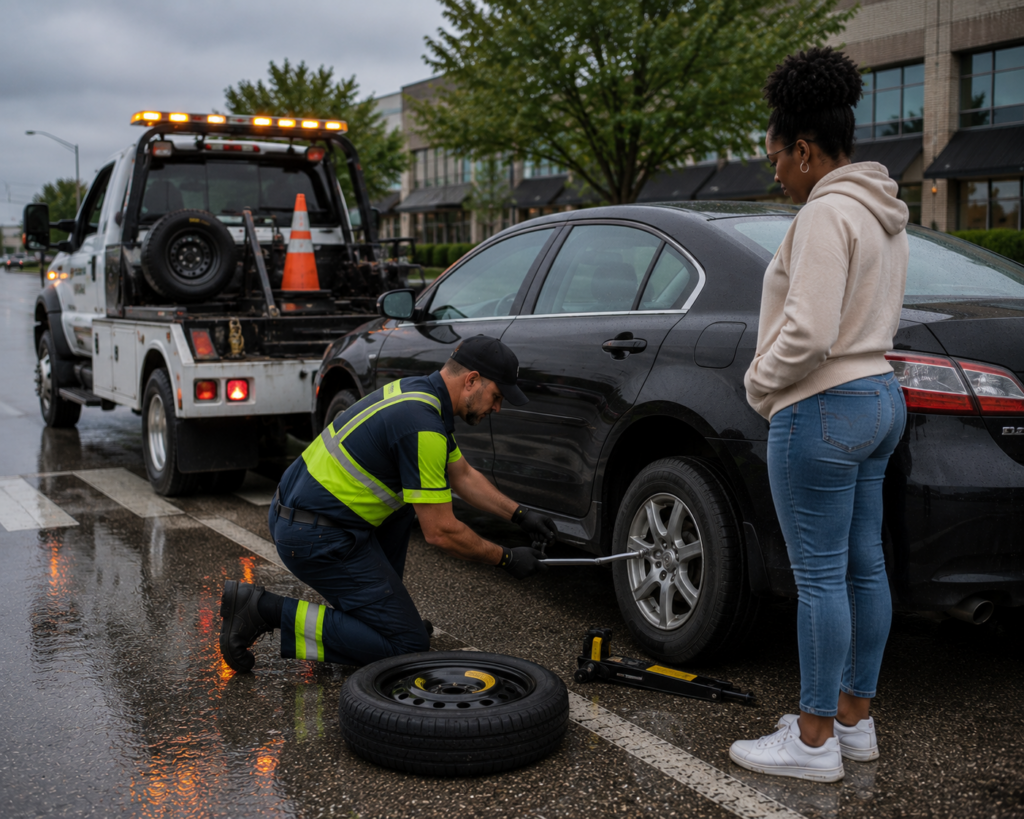 A man performing a flat tire service in Bridgeton.