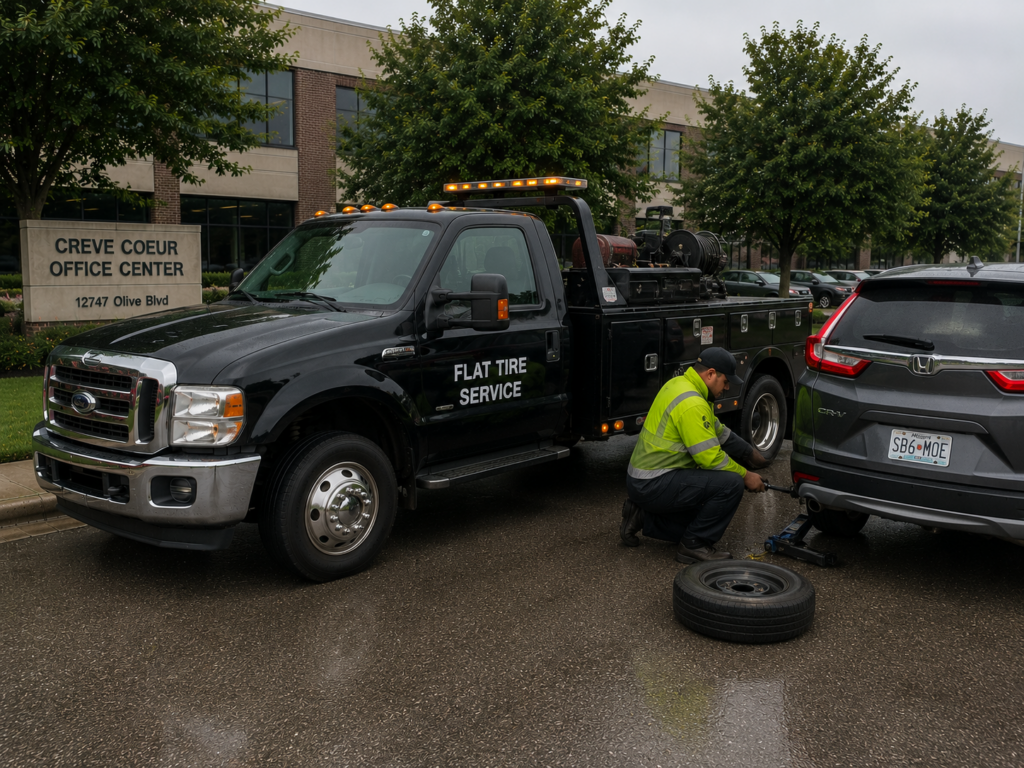 A man providing a flat tire service in Creve Coeur.