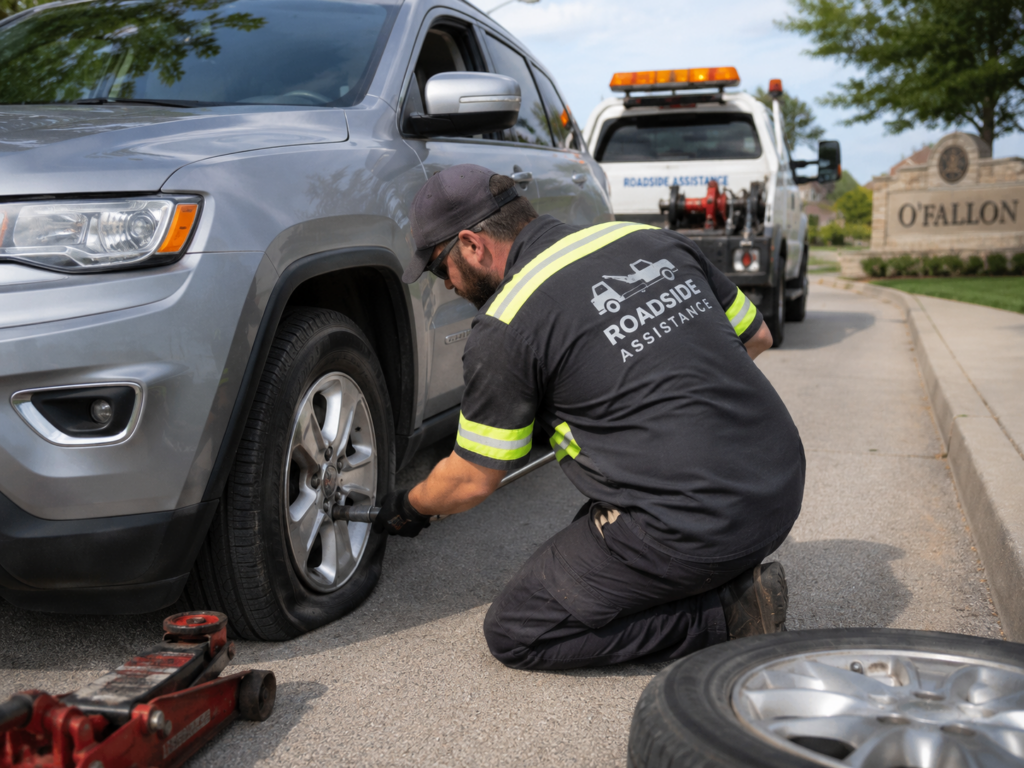 A man performing flat tire service in O'fallon.