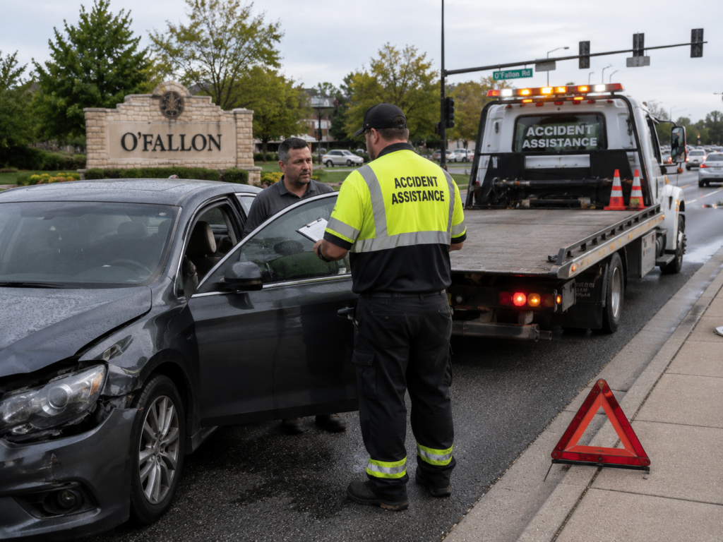 A towing operator performing accident assistance in O'Fallon.