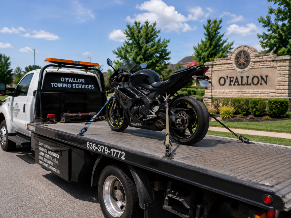 A man performing motorcycle towing in O'fallon.