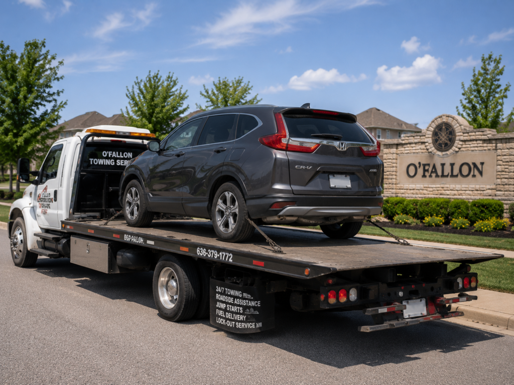 A man performing flatbed towing in O'Fallon