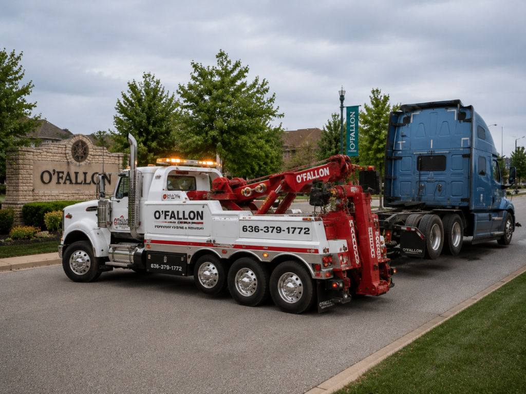 A truck doing heavy-duty towing in O'Fallon.