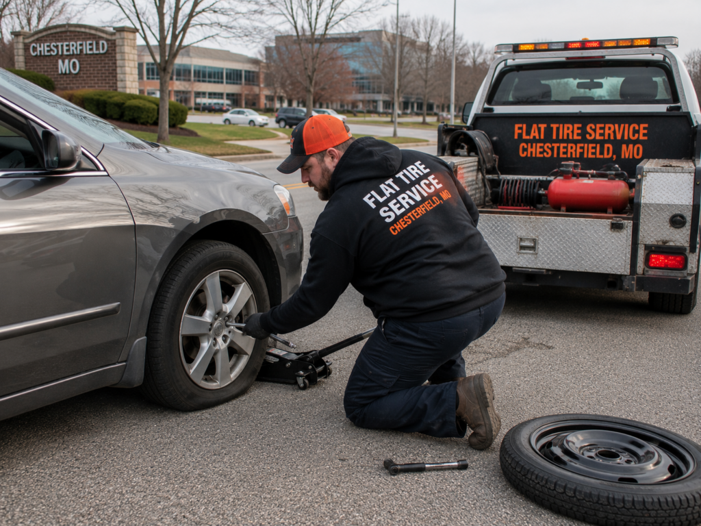 A towing operator performing flat tire service in Chesterfield.