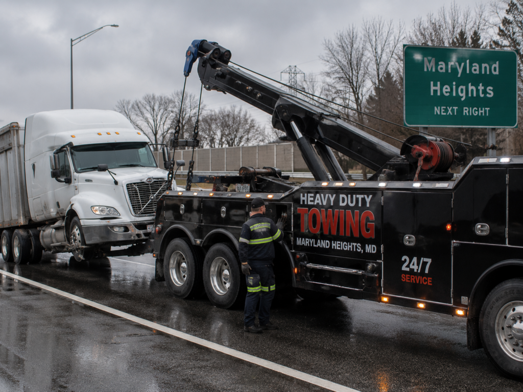 An operator performing heavy-duty towing in Maryland heights.