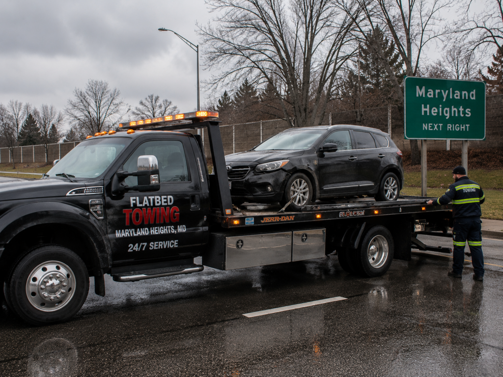 A towing operator performing flatbed towing in Maryland Heights.