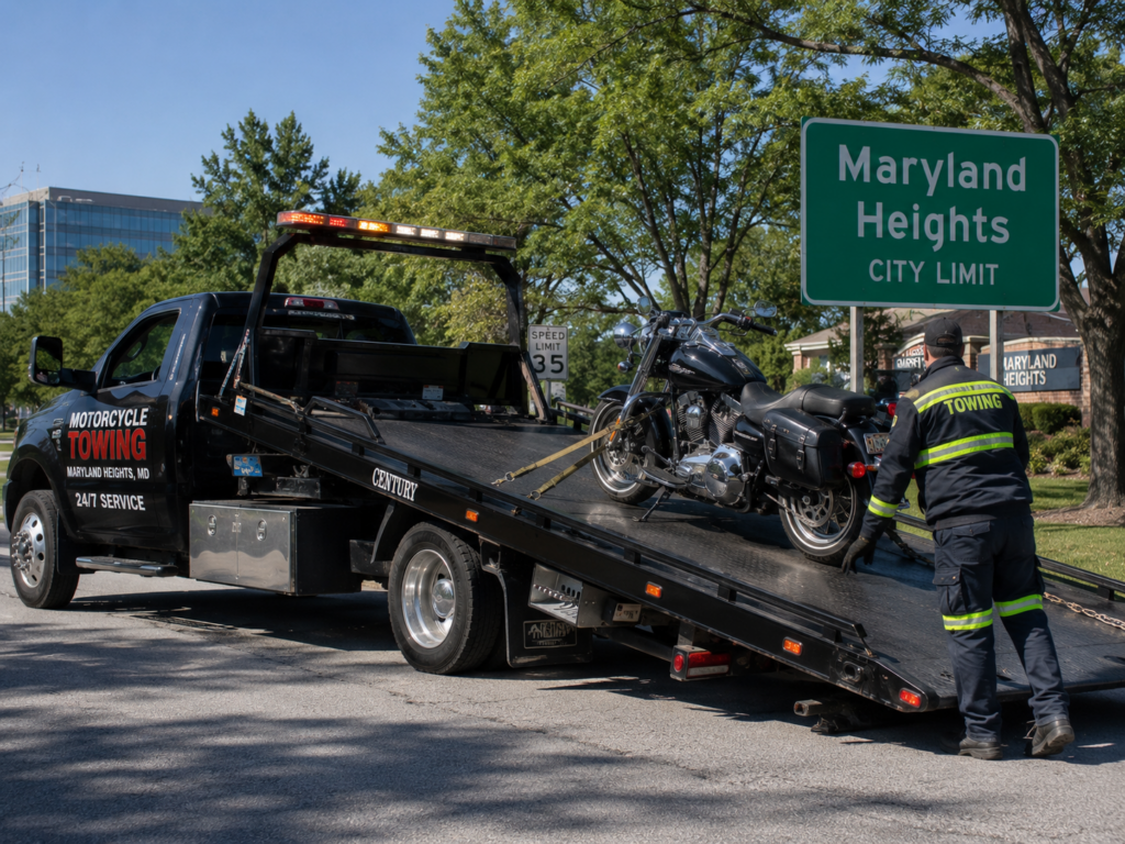 An operator performing motorcycle towing in Maryland Heights.