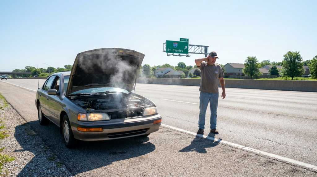 Car overheating in summer with steam rising from under the hood