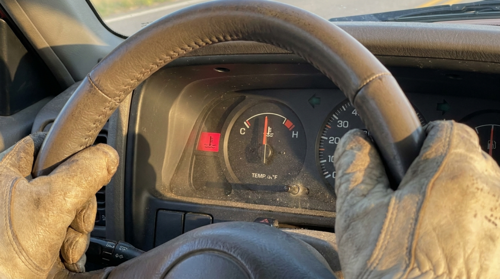 Dashboard gauge showing car overheating in summer heat